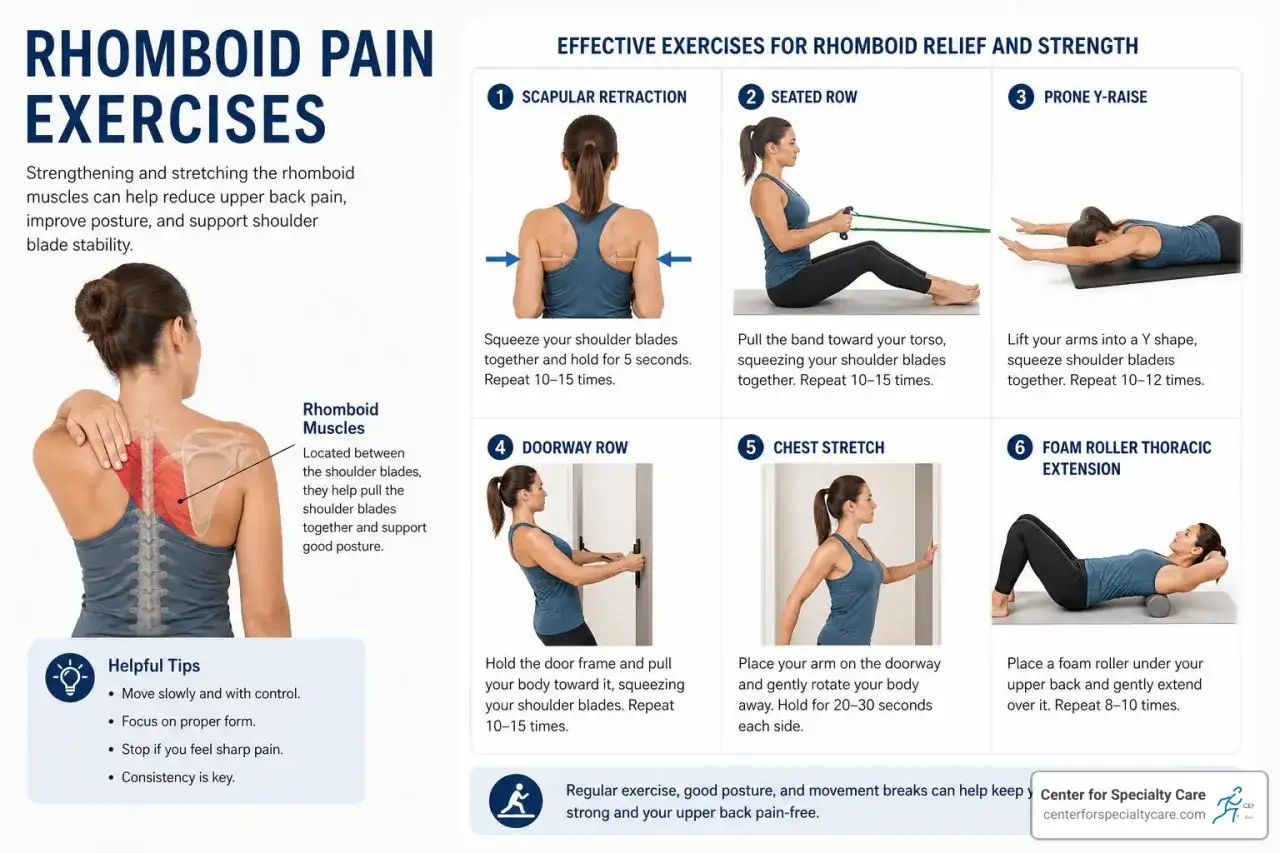 Guide pour muscler les omoplates avec 6 exercices : rétraction scapulaire, tirage élastique assis, Y inversé, tirage en porte, étirement pectoral, extension sur rouleau.