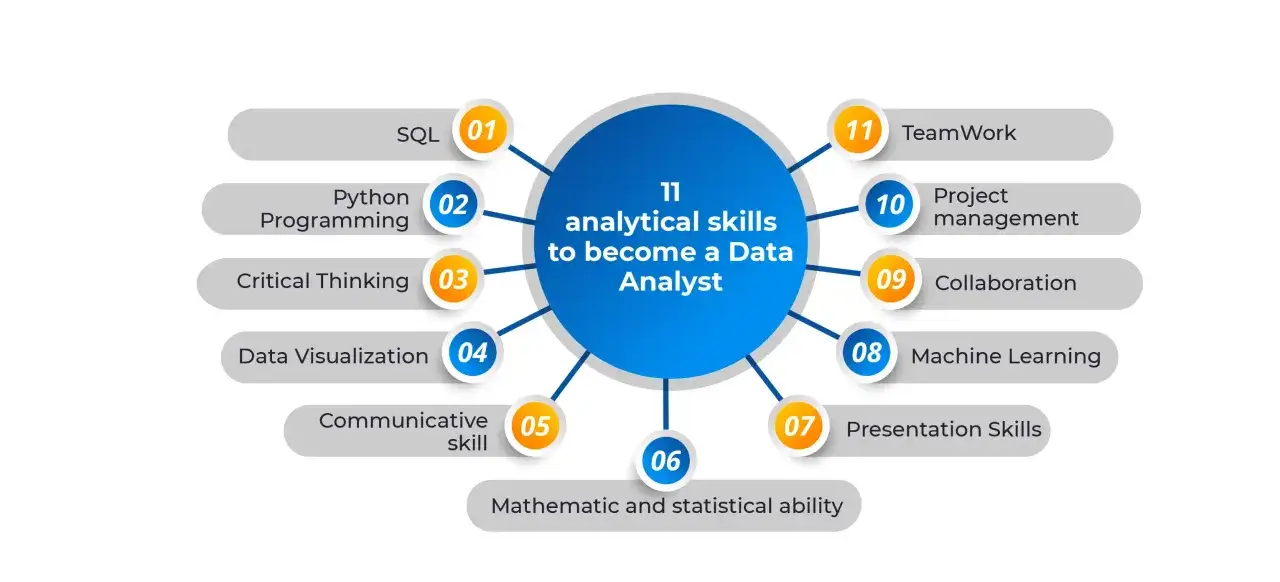 Sch&eacute;ma des 11 comp&eacute;tences analytiques pour devenir Data Analyst : SQL, Python, pens&eacute;e critique, visualisation, communication, maths, ML, collaboration, gestion de projet, travail d'&eacute;quipe. Id&eacute;al pour un bootcamp.