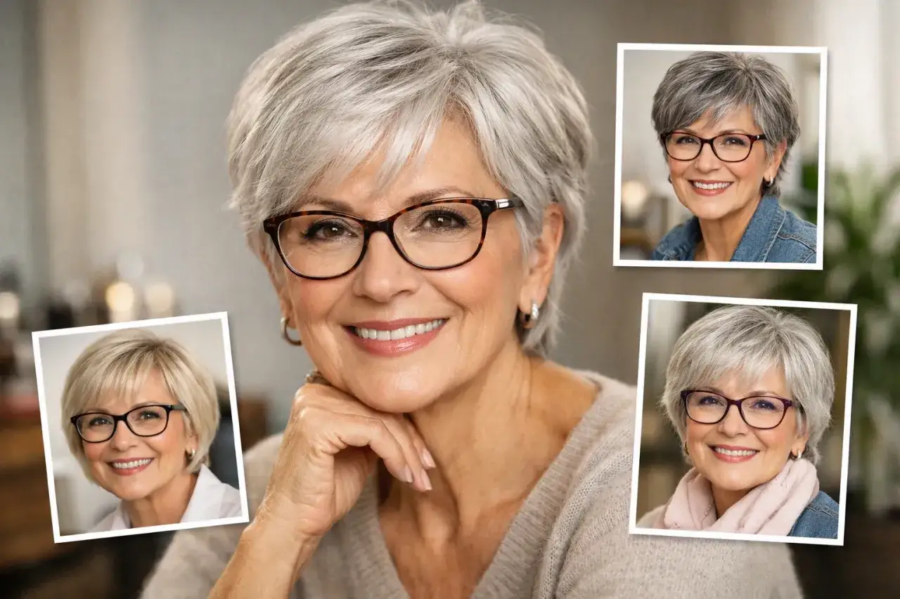Une femme lunette cheveux court, souriante, avec trois portraits d'elle-même.