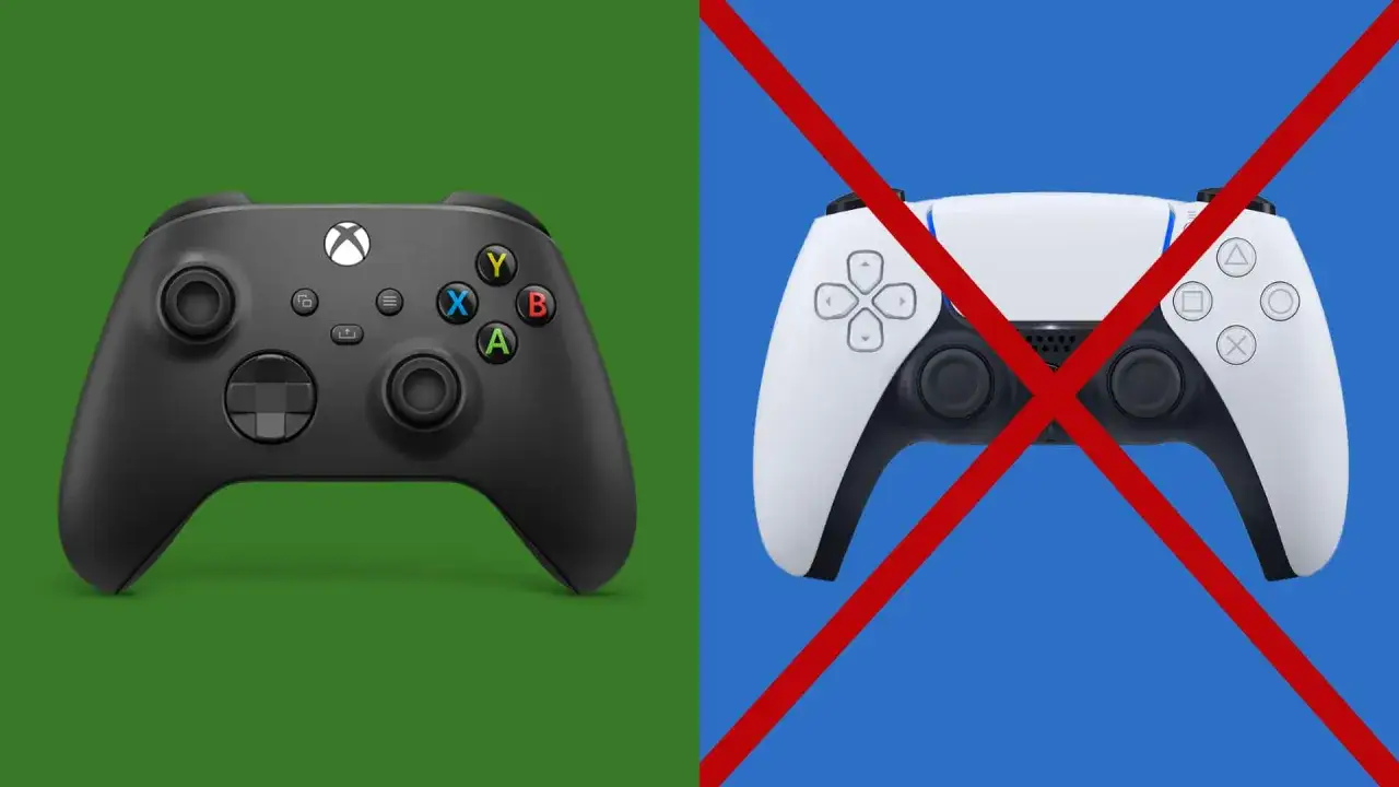Kontroler Xbox obok pada PlayStation z czerwonym krzyżem. Gry cross play Xbox PC to przyszłość!