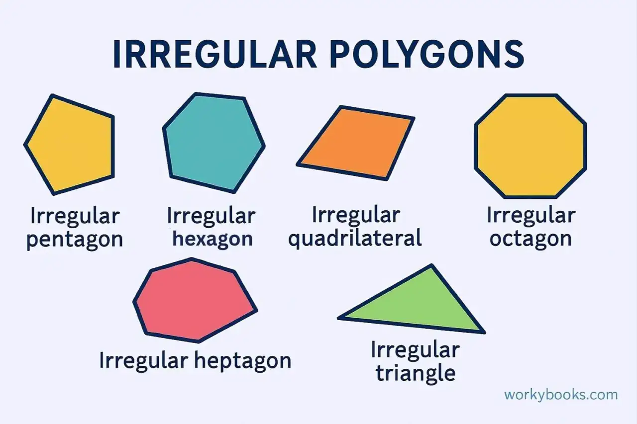Ejemplos de un pol&iacute;gono irregular: pent&aacute;gono, hex&aacute;gono, cuadril&aacute;tero, oct&aacute;gono, hept&aacute;gono y tri&aacute;ngulo, cada uno con lados y &aacute;ngulos desiguales.
