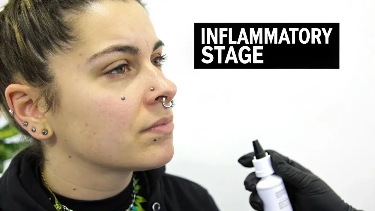 Osoba z kolczykami w nosie, w tym septum, w fazie zapalnej. Ręka w rękawiczce trzyma buteleczkę z płynem.