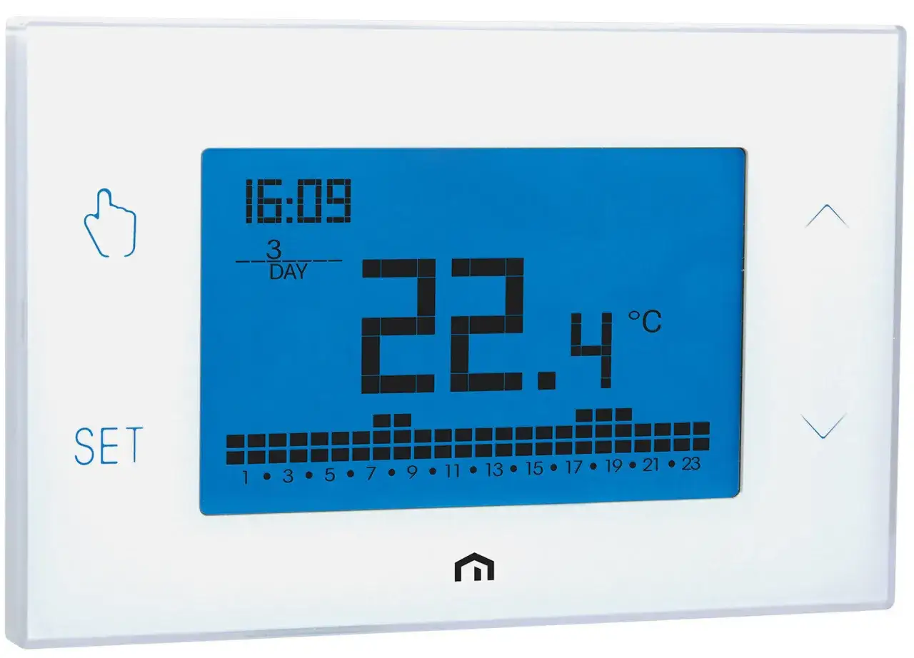 Termostato digital muestra 22.4°C. Ideal para saber a que temperatura poner los radiadores y ahorrar energía.