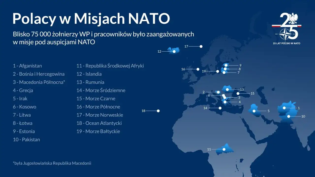 Mapa pokazuje misje NATO, w których uczestniczyli Polacy. Od Afganistanu po Islandię, blisko 75 tys. żołnierzy WP brało udział w operacjach pod auspicjami NATO.