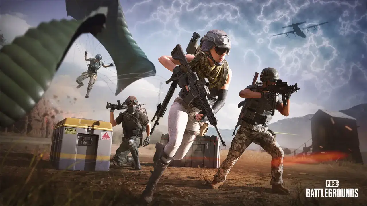 Jugadores de PUBG PC saltan en paraca&iacute;das y corren con armas. Un avi&oacute;n sobrevuela.
