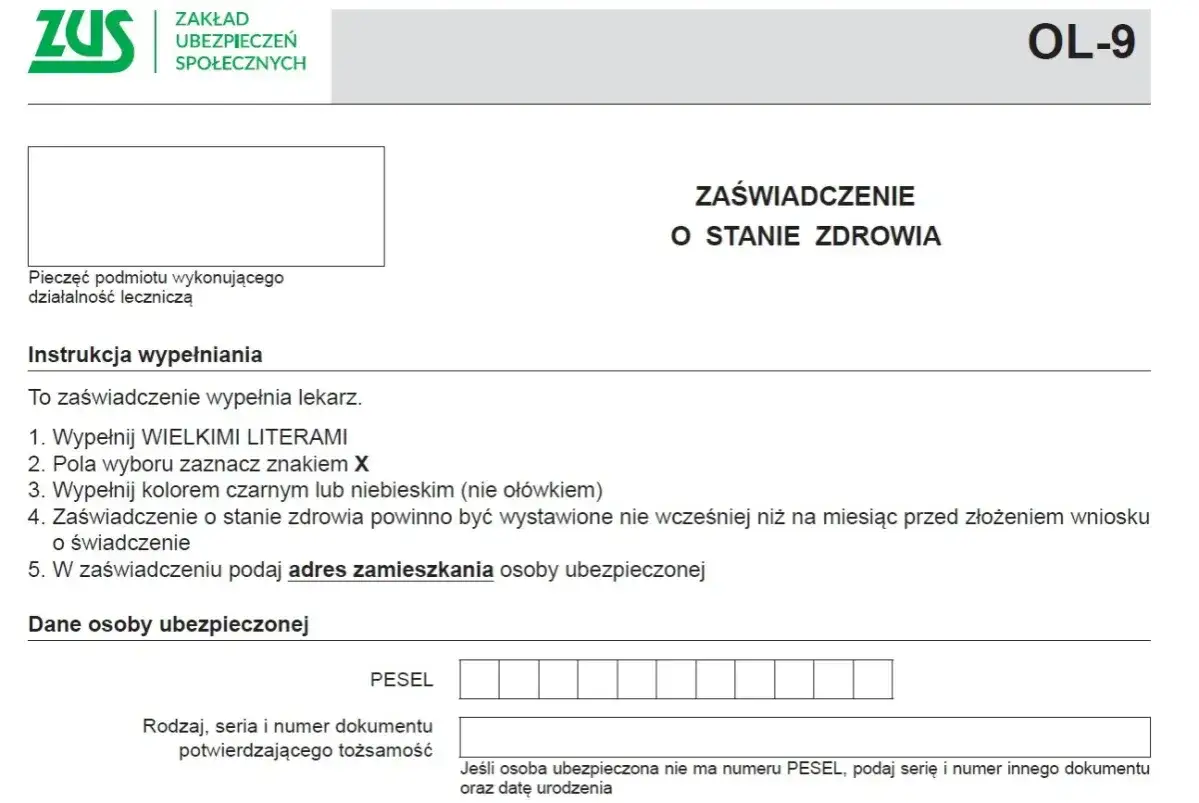 Formularz ZUS OL-9: zaświadczenie o stanie zdrowia. Dokument ten jest niezbędny do uzyskania orzeczenia o niepełnosprawności.