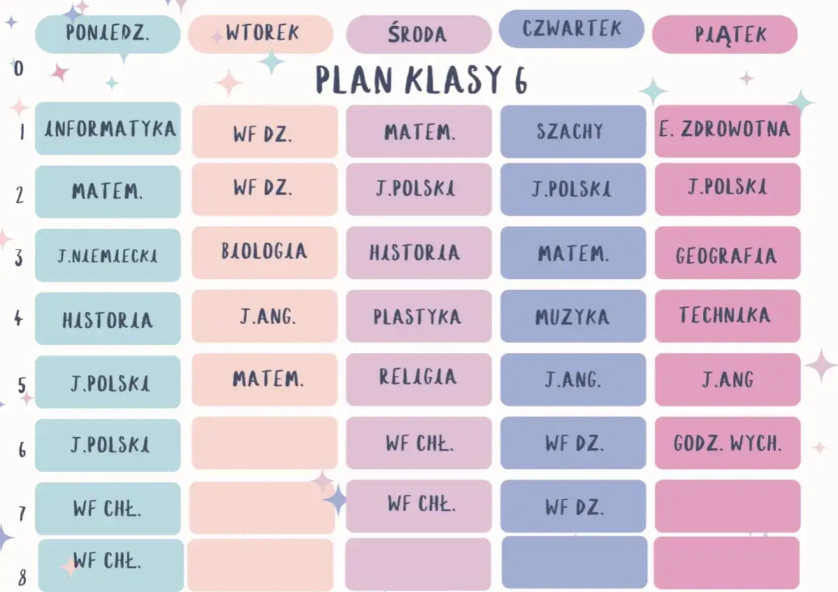 Plan lekcji klasy 6: informatyka, matematyka, historia, język polski, biologia, geografia, technika, WF.