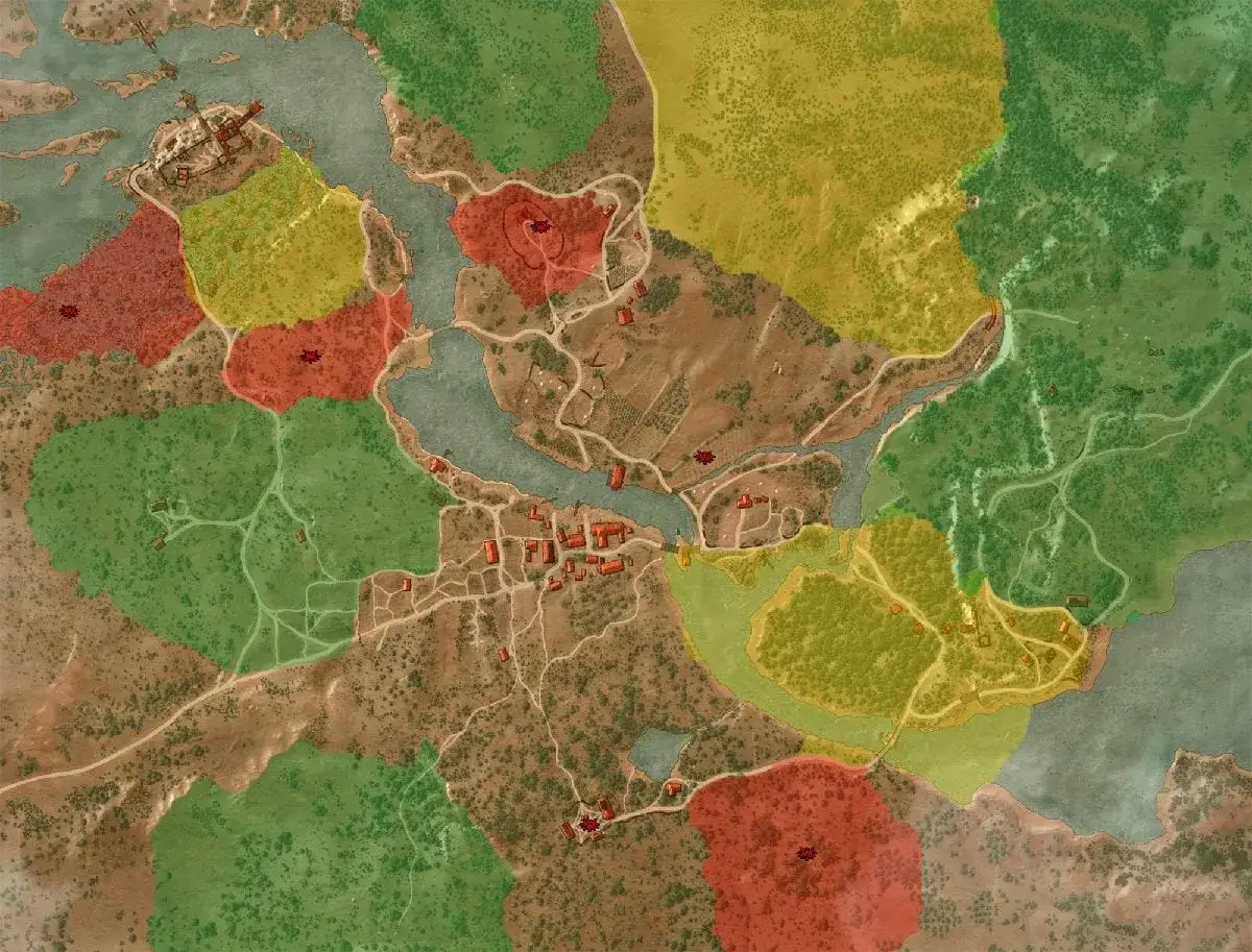 Mapa świata Wiedźmin 3: Dziki Gon. Kolorowe obszary wskazują regiony, gdzie