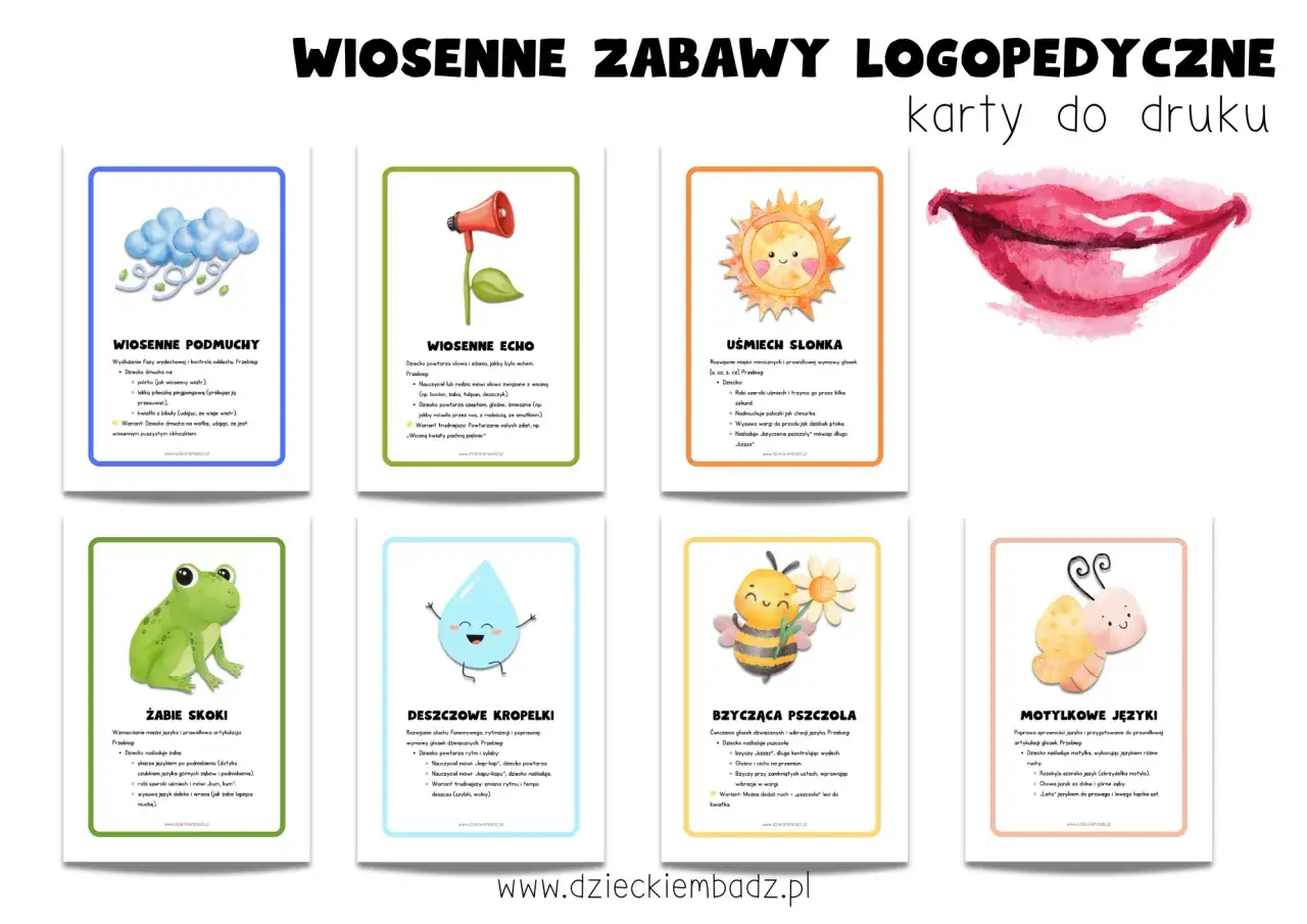 Zestaw kart logopedycznych do druku z wiosennymi zabawami. Ćwiczenia na artykulację głosek, oddech i język.