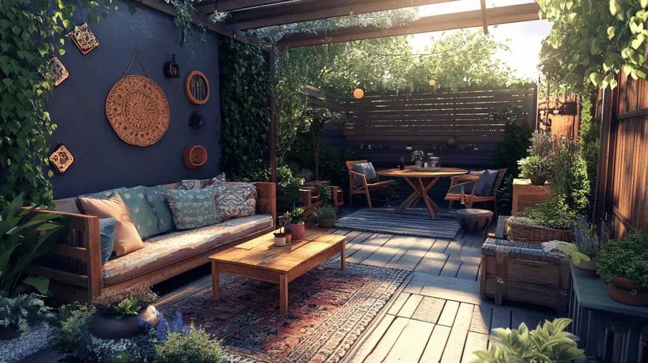 Gemütlich die gartenlaube einrichten: Holzmöbel, bunte Kissen und orientalische Teppiche schaffen eine einladende Atmosphäre.