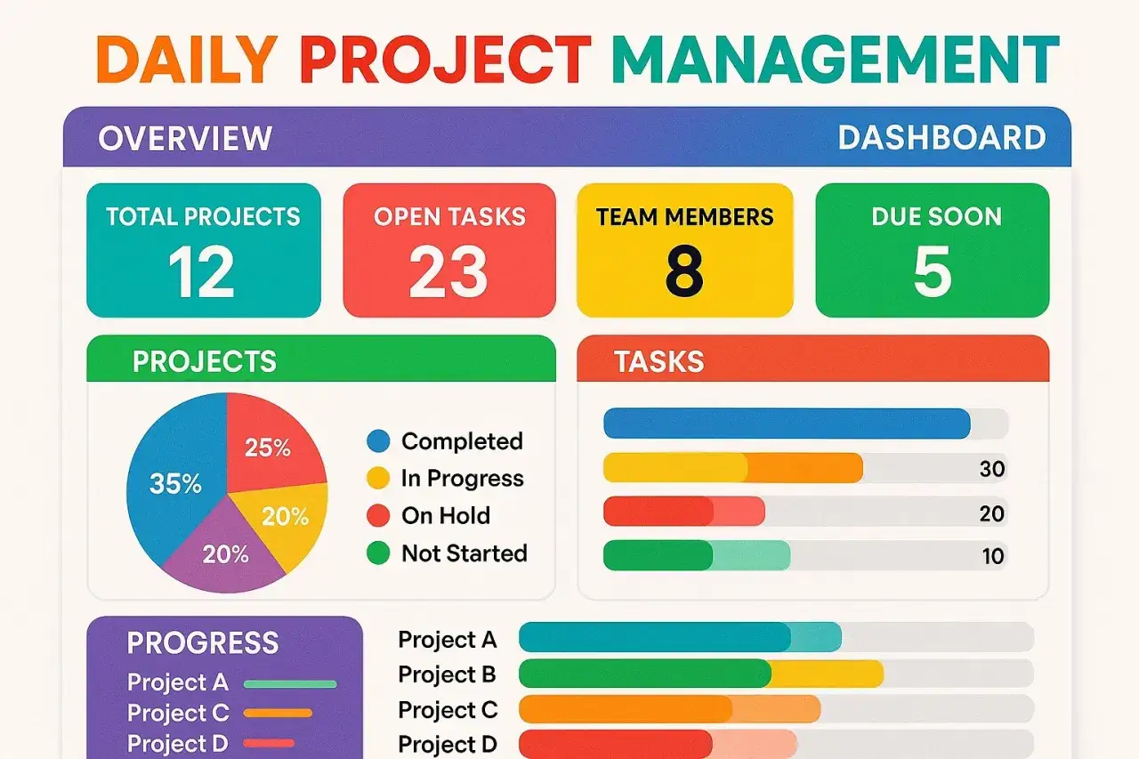 Dashboard di gestione progetti: mostra 12 progetti totali, 23 task aperti, 8 membri del team e 5 scadenze imminenti. Un esempio di monitoraggio di un progetto.