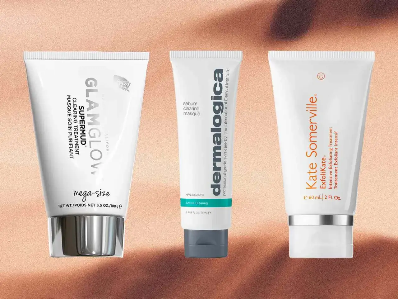 Tre tuber med hudvårdsprodukter: Glamglow Supermud, Dermalogica och Kate Somerville ExfoliKate. Perfekt för att minska synliga porer.