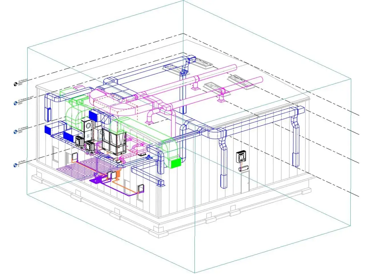 Schemat instalacji HVAC: wentylacja, ogrzewanie, klimatyzacja. Widoczne kanały, jednostki i rury wewnątrz budynku.