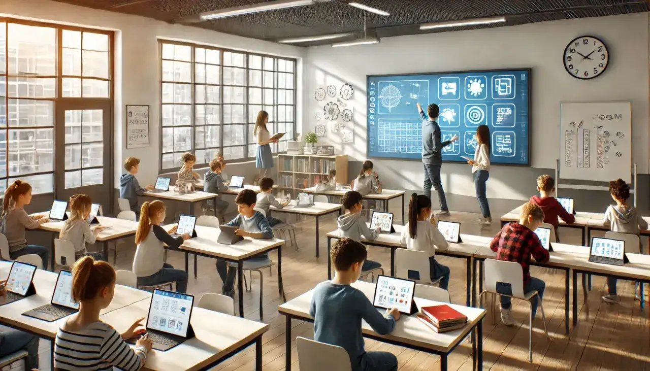 Moderne Klasse mit Kindern, die Laptops und Tablets nutzen. Ein Lehrer erkl&auml;rt an einer digitalen Tafel, die die Digitalisierung der Schule symbolisiert.