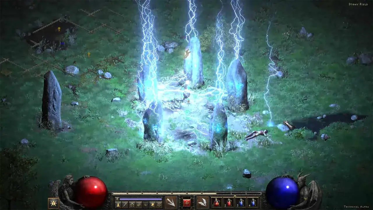 W grze Diablo 2 Resurrected, pioruny uderzają w kamienne kręgi na Kamiennym Polu, tworząc magiczną energię.