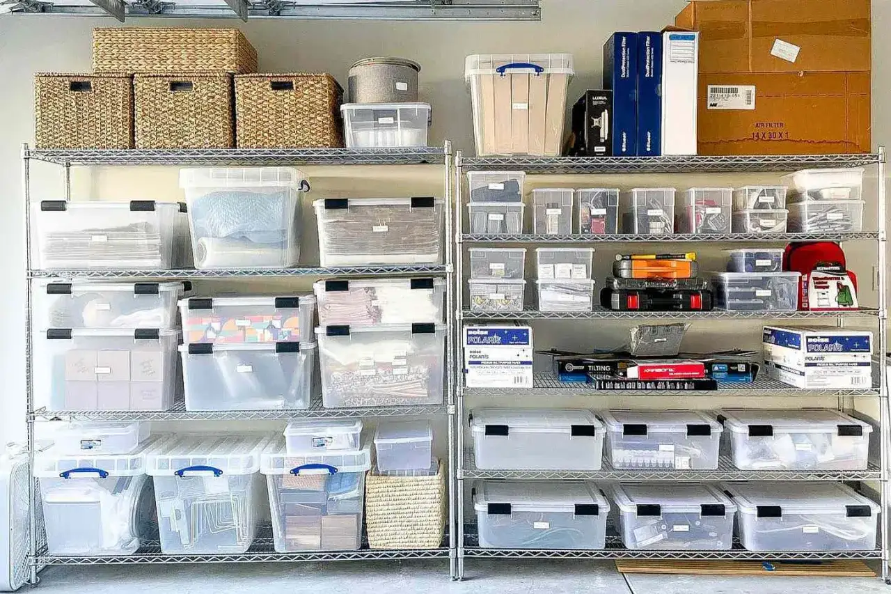 Shelving unit filled with clear plastic bins and woven baskets, showcasing excellent basement storage ideas for organizing various items.