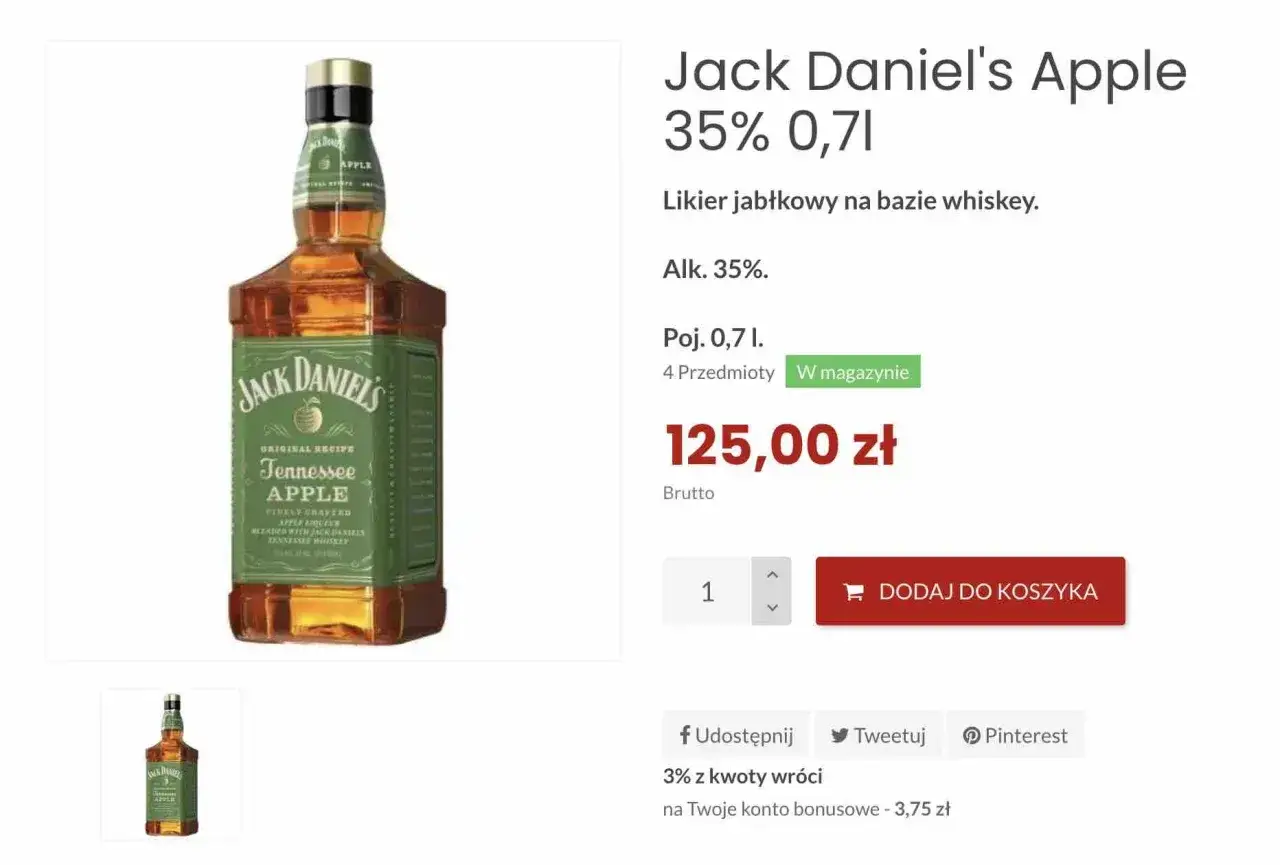 Butelka Jack Daniel's Apple, likier jabłkowy na bazie whiskey, 35%, 0,7l. Idealny drink na letnie wieczory.