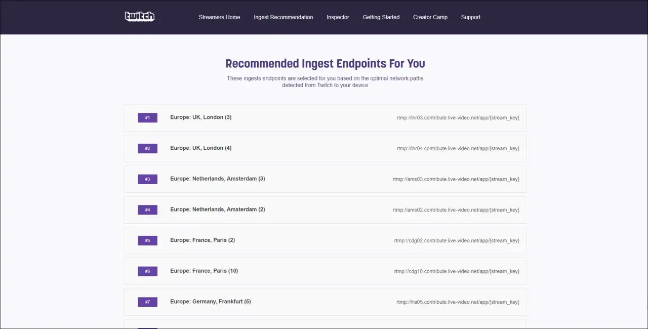 Recommended ingest endpoints for Twitch streamers, showing various Europe locations and their corresponding twitch rtmp url.