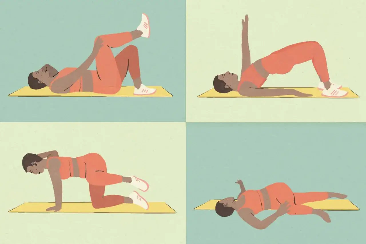 Quattro esercizi di fitness: una donna in posizione supina esegue stretching, ponte, e altri movimenti.