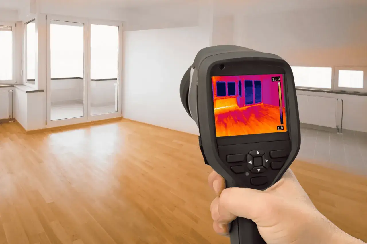 Cam&eacute;ra thermique utilis&eacute;e pour comment detecter une fuite d'eau sous un carrelage. L'&eacute;cran montre des variations de temp&eacute;rature, indiquant une potentielle humidit&eacute;.