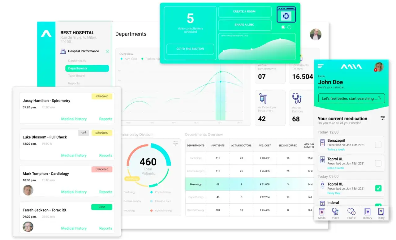 Interfaccia di un software cartella clinica con appuntamenti, statistiche e farmaci.