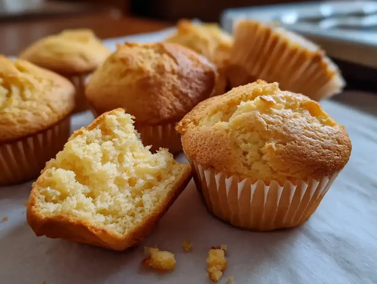 Nybakade, fluffiga glutenfria muffins i pappersformar. En muffin &auml;r uppdelad och visar en mjuk insida.