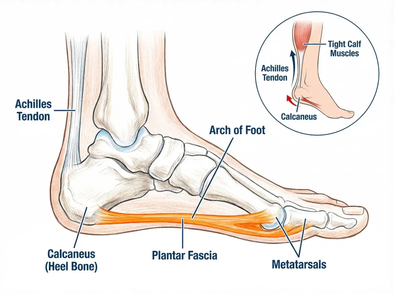 Anatomia del piede con focus sul calcagno e la fascia plantare. Illustra le cause del dolore al tallone sinistro a riposo, come la tensione del tendine d'Achille.