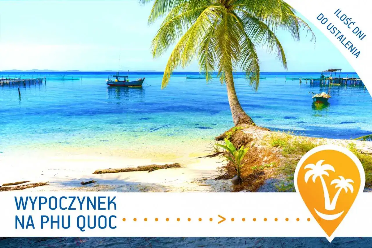Rajski wypoczynek na wyspie Phu Quoc, Wietnam. Turkusowa woda, palmy i łodzie tworzą idealny obraz wakacji.