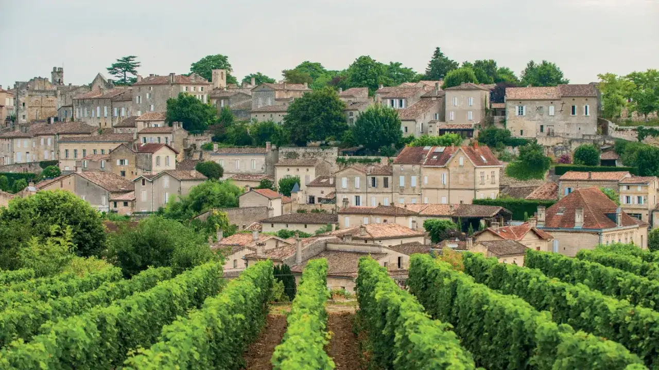 Vigneti rigogliosi abbracciano il borgo storico di Saint-Émilion, con le sue case in pietra e i tetti rossi che si stagliano sulla collina.