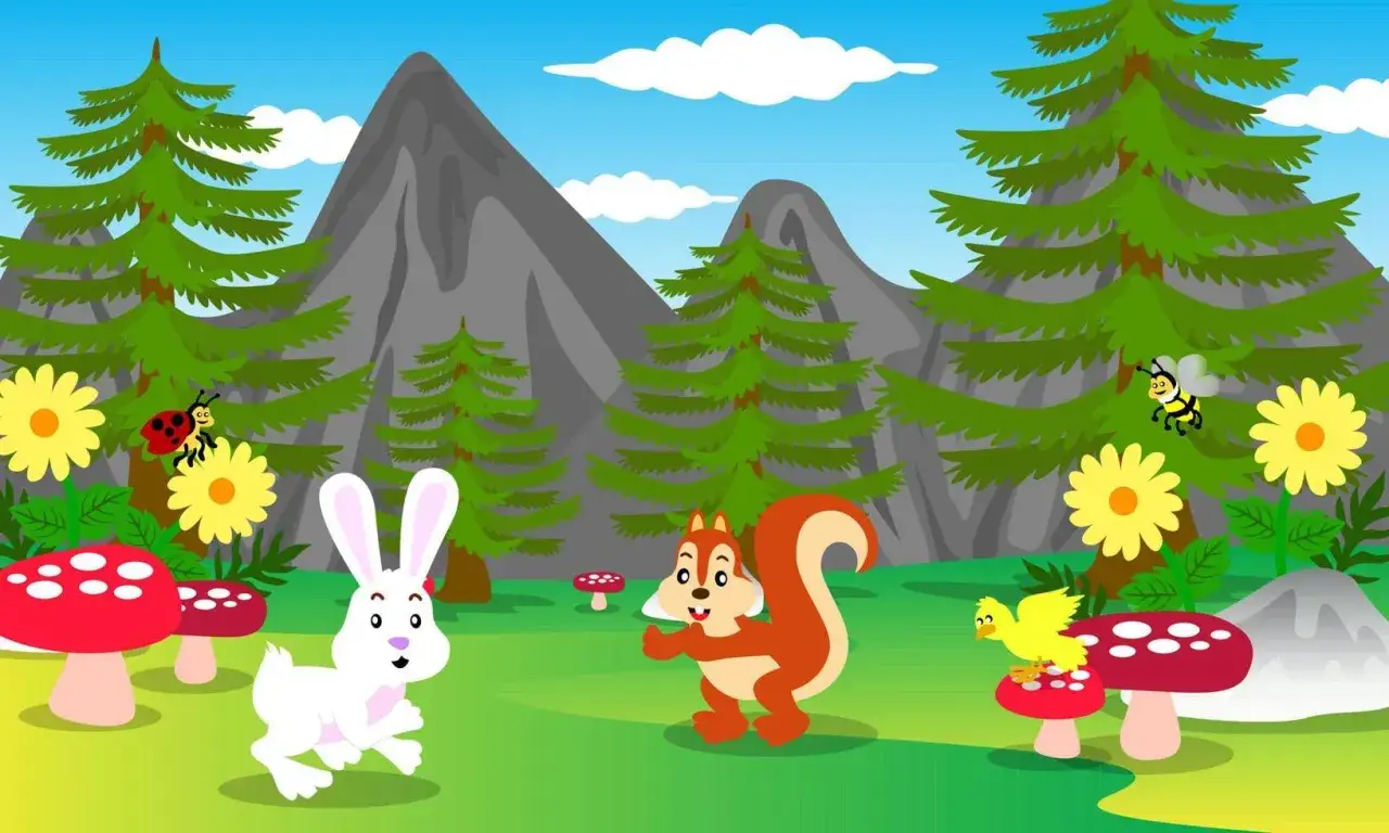 Un conejo blanco, ardilla, pollito y mariquita exploran paisajes para describir primaria, con árboles, montañas y flores.