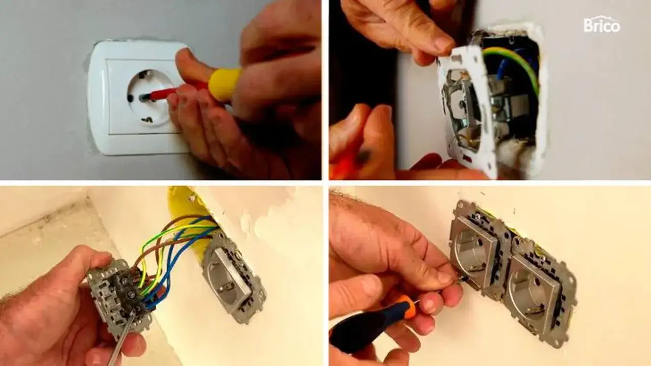 Pasos para cambiar un enchufe: desatornillar el antiguo, desconectar cables, conectar los nuevos y fijar el nuevo enchufe.
