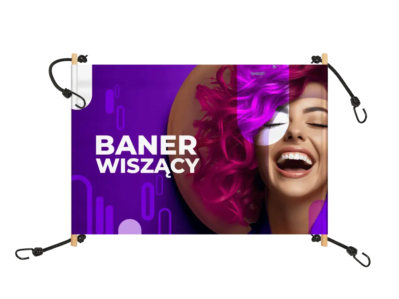 Jak zrobic baner wiszący? Zobacz ten przykład z wesołą kobietą i fioletowym tłem.