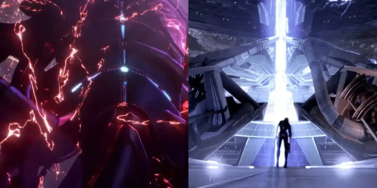 Dwa obrazy przedstawiające kluczowe momenty z **Mass Effect 3 zakończenia**: mroczna, energetyczna wizja po lewej i samotna postać przed świetlistym portalem po prawej.