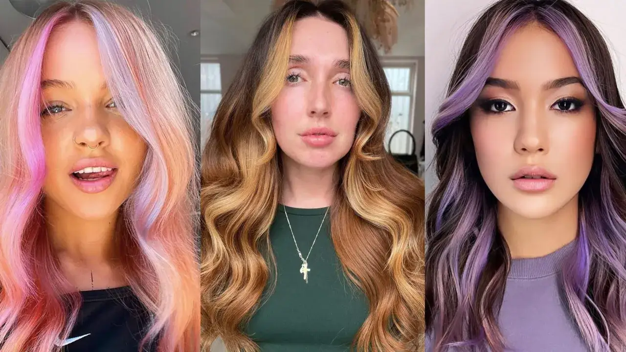 Tres mujeres con estilos de cabello modernos. La primera luce mechas rosadas y melocotón, la segunda tiene reflejos rubios y la tercera mechas moradas, todas con un hermoso **face framing**.