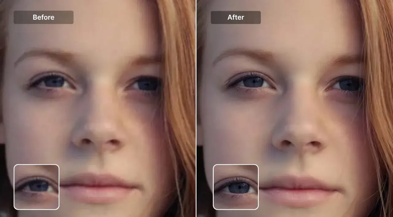 Avant/apr&egrave;s : une retouche photo nettet&eacute; en ligne am&eacute;liore la clart&eacute; du regard d'une jeune fille, rendant ses yeux plus vifs et d&eacute;taill&eacute;s.