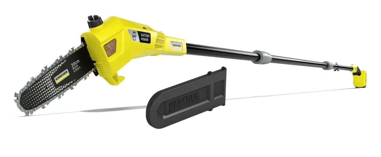 Żółta piła do gałęzi na wysięgniku Karcher z osłoną. Idealna do przycinania wysokich konarów.