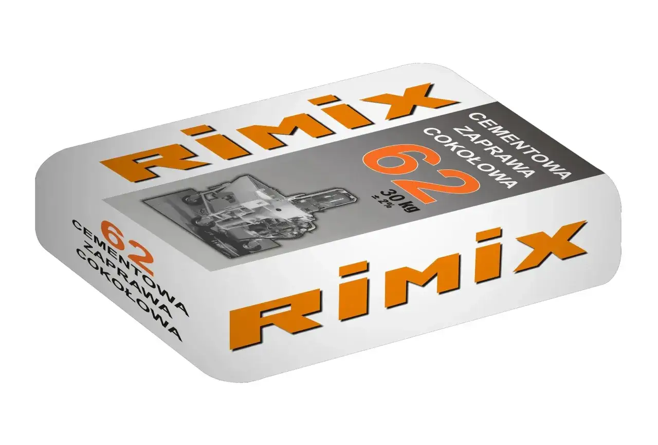 Gotowa zaprawa tynkarska zewnętrzna Rimix 62, cementowa, cokółowa, 30 kg. Idealna do prac elewacyjnych.