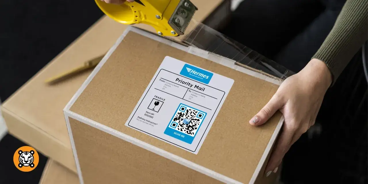 Osoba zakleja paczkę taśmą. Na kartonie znajduje się etykieta Hermes z kodem QR do śledzenia przesyłki.