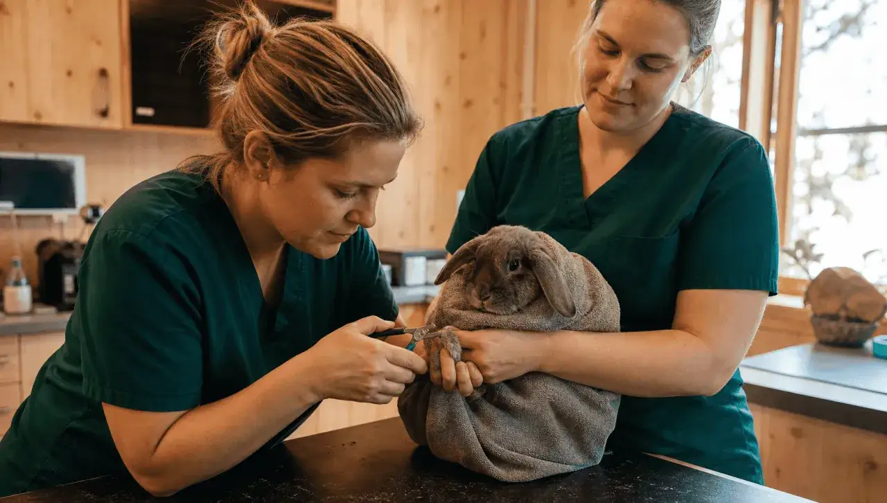 Två veterinärer klipper en kanins klor. En av dem håller kaninen, som är insvept i en handduk, medan den andra försiktigt klipper klorna. Detta är en del av att vaccinera kanin och ge den bästa vården.