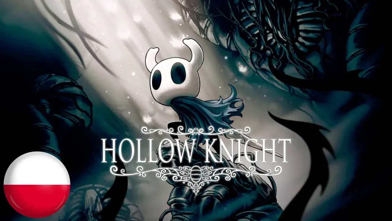 Mały rycerz z Hollow Knight na tle mrocznego świata. Obok polska flaga, sugerująca Hollow Knight spolszczenie.