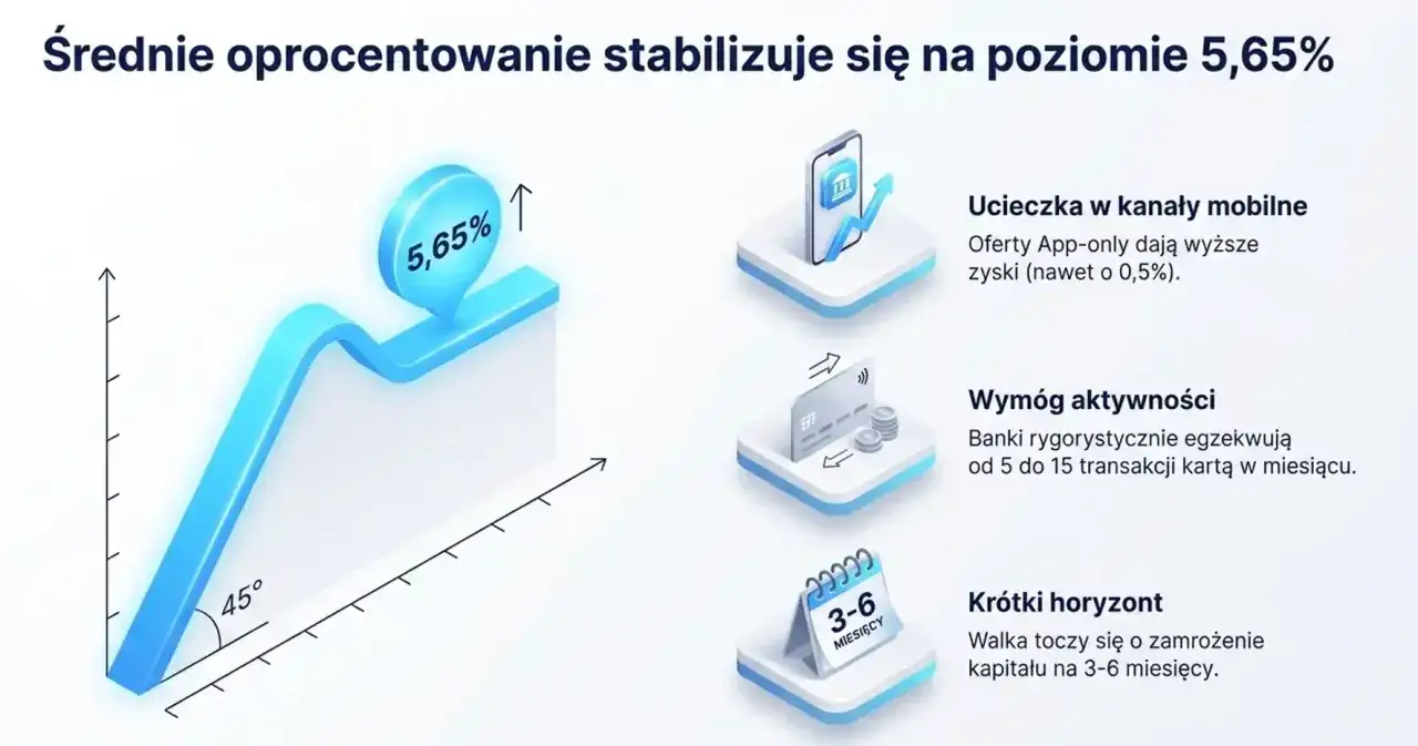 Wykres pokazuje stabilizację oprocentowania na 5,65%. Santander promocja zachęca do mobilnych kanałów i aktywności, oferując zyski na 3-6 miesięcy.
