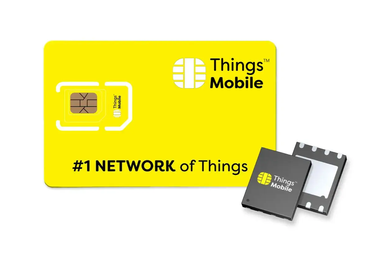 Żółta karta SIM Things Mobile, z której można wyłamać mniejszą kartę. To jest karta SIM, klucz do sieci #1 NETWORK of Things.