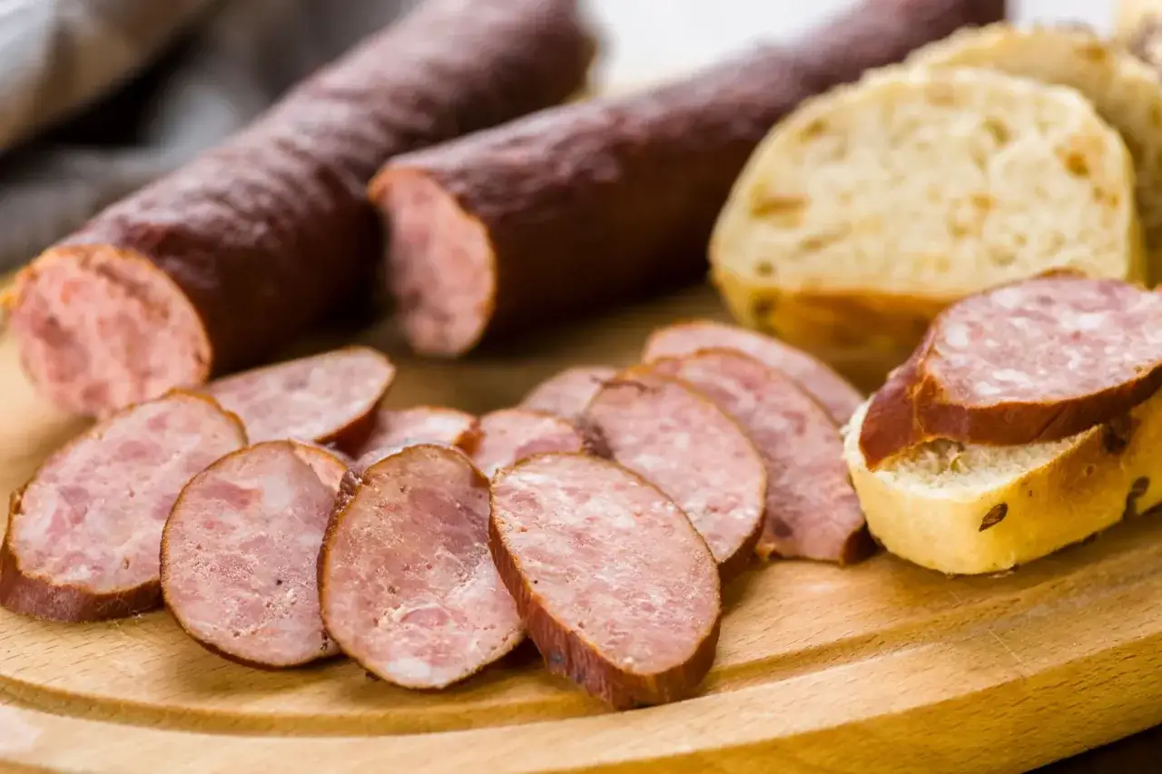 Kiełbasa pokrojona w plastry i kromki chleba. Zastanawiasz się, ile czosnku na 10 kg mięsa do kiełbasy?