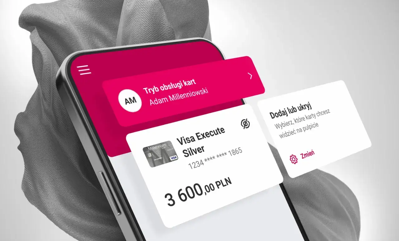 Aplikacja mobilna Banku Millennium dla firm. Widok karty Visa Execute Silver z saldem 3600 PLN.