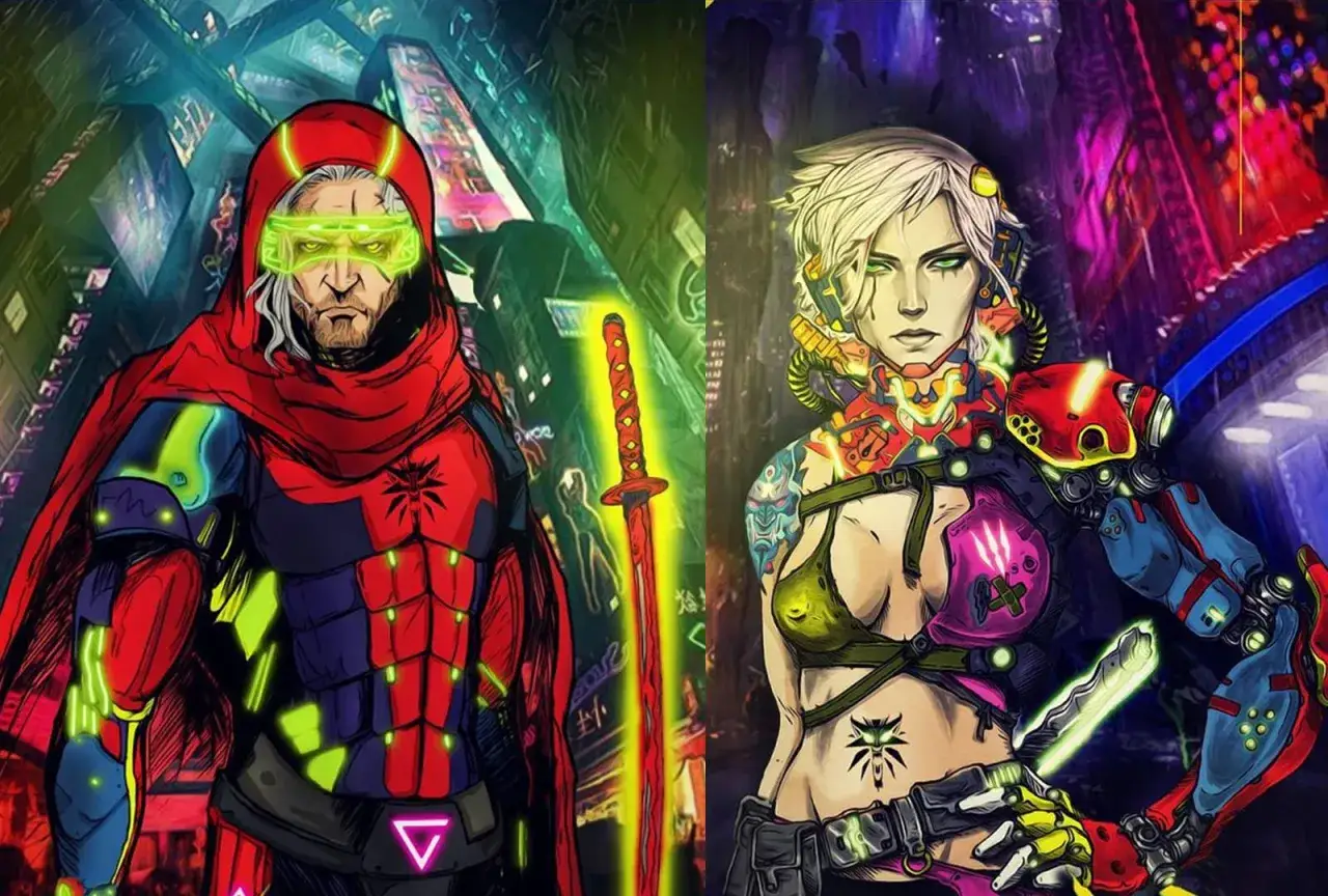 Dwóch wojowników ciri cyberpunk: mężczyzna w czerwonym kapturze z neonowymi goglami i kobieta z cybernetycznymi implantami, w neonowym mieście.