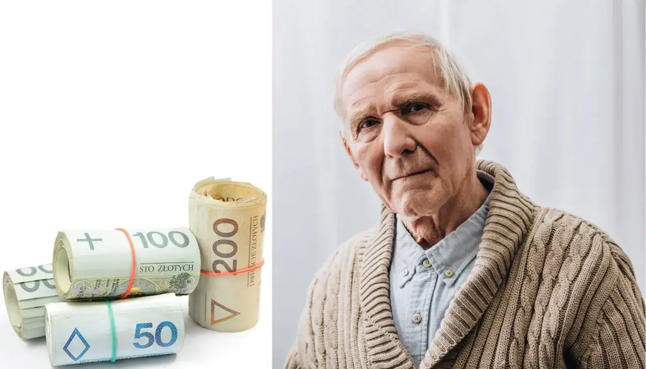 Starszy pan z zwojami polskich banknotów, symbolizującymi marzenia o najwyższej emeryturze w Polsce.