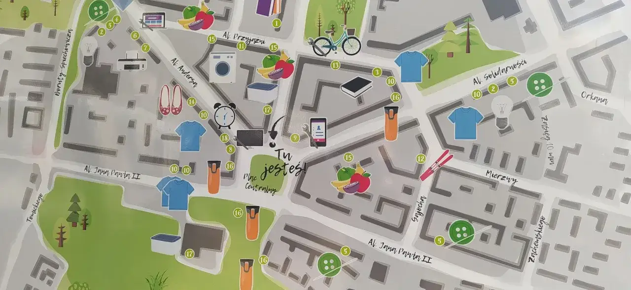 Mapa Osiedla Teatralnego w Nowej Hucie z zaznaczonym Teatrem Ludowym
