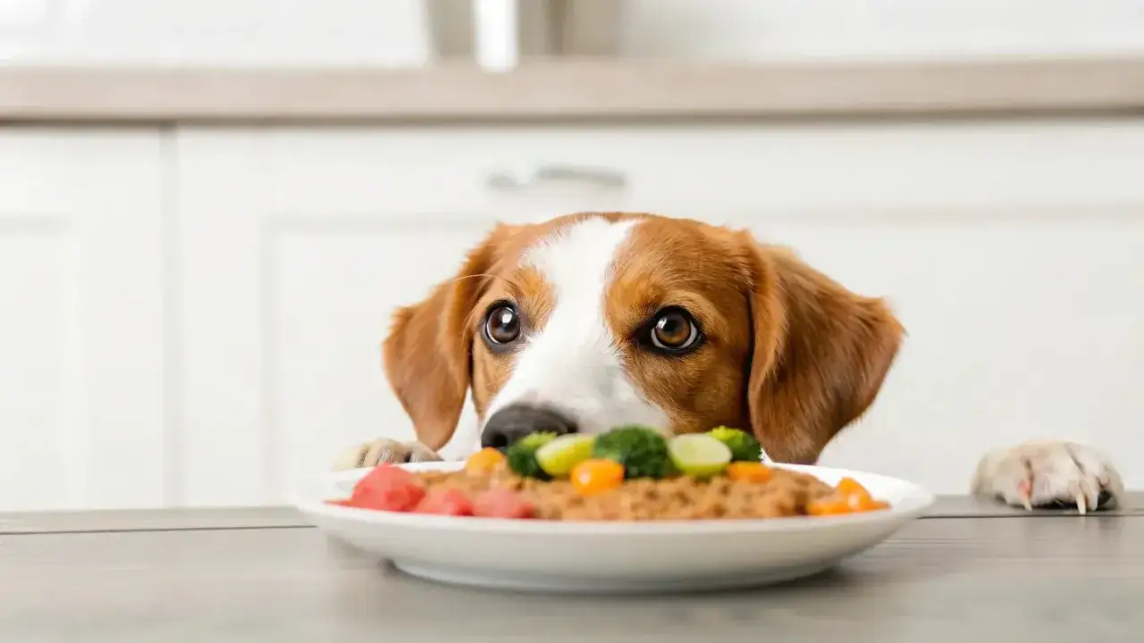 Un perro mira con anhelo un plato de comida, sin azucar, para perros.
