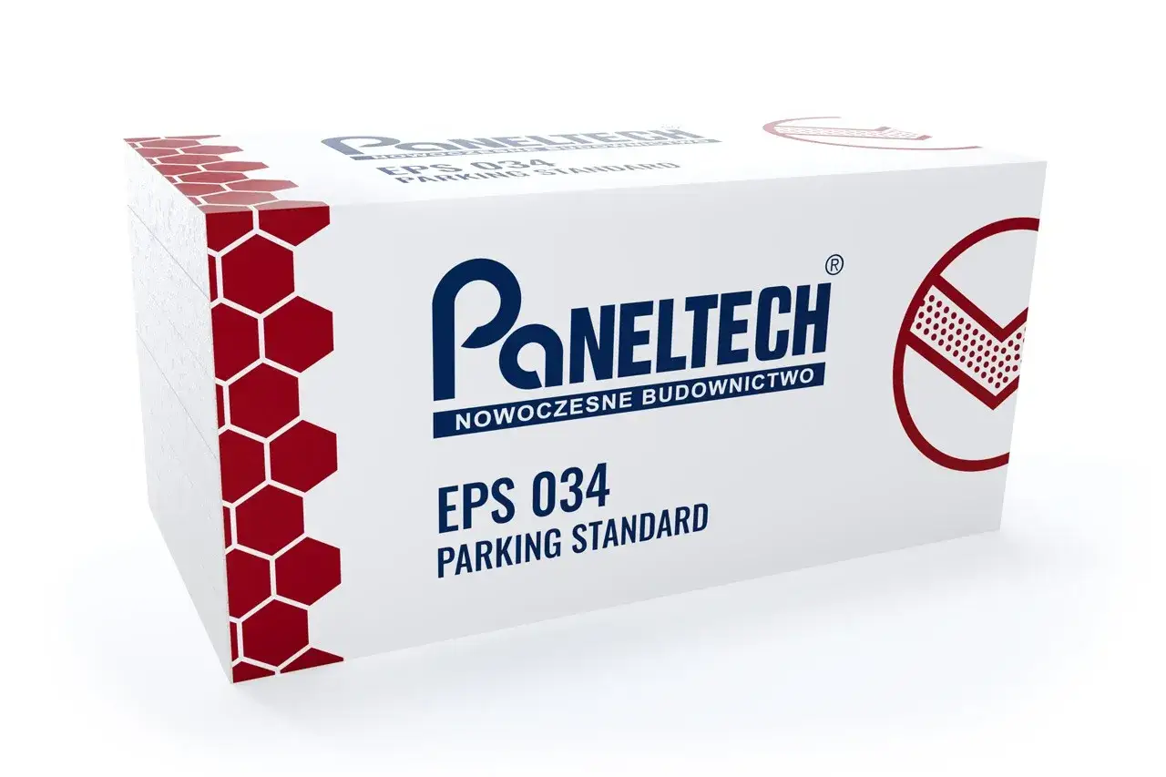 Opakowanie styropianu Paneltech EPS 034 Parking Standard. Widoczne warstwy i czerwony wzór plastra miodu.