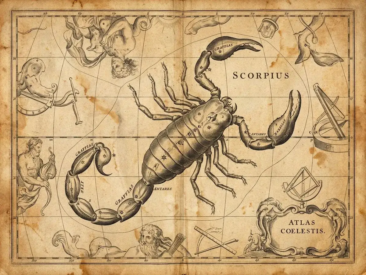Starożytna mapa nieba z konstelacją Skorpiona. Słońce w Skorpionie, otoczone mitologicznymi postaciami i instrumentami astronomicznymi.